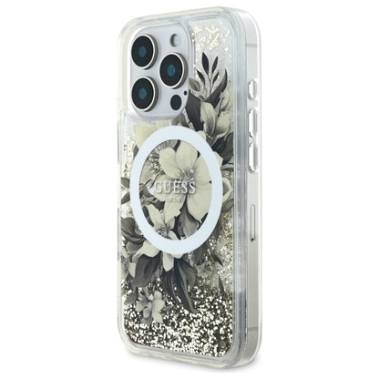 Étui MagSafe pour Apple iPhone 16 Pro, Guess, Liquid Glitter Flower, Beige