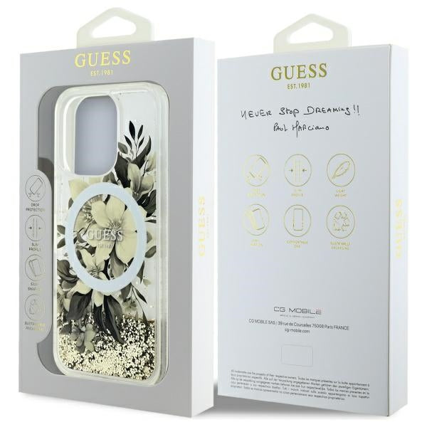 Étui MagSafe pour Apple iPhone 16 Pro, Guess, Liquid Glitter Flower, Beige