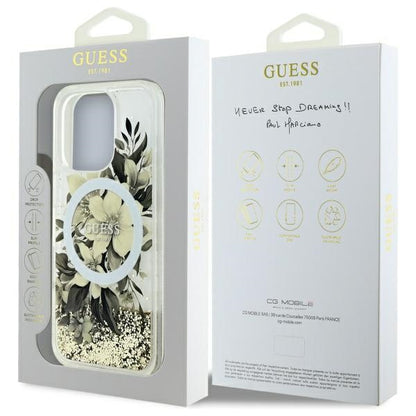 Étui MagSafe pour Apple iPhone 16 Pro, Guess, Liquid Glitter Flower, Beige
