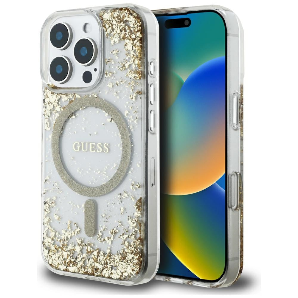 Coque MagSafe pour Apple iPhone 16 Pro, Guess, Resin Bottom Glitter, Dorée