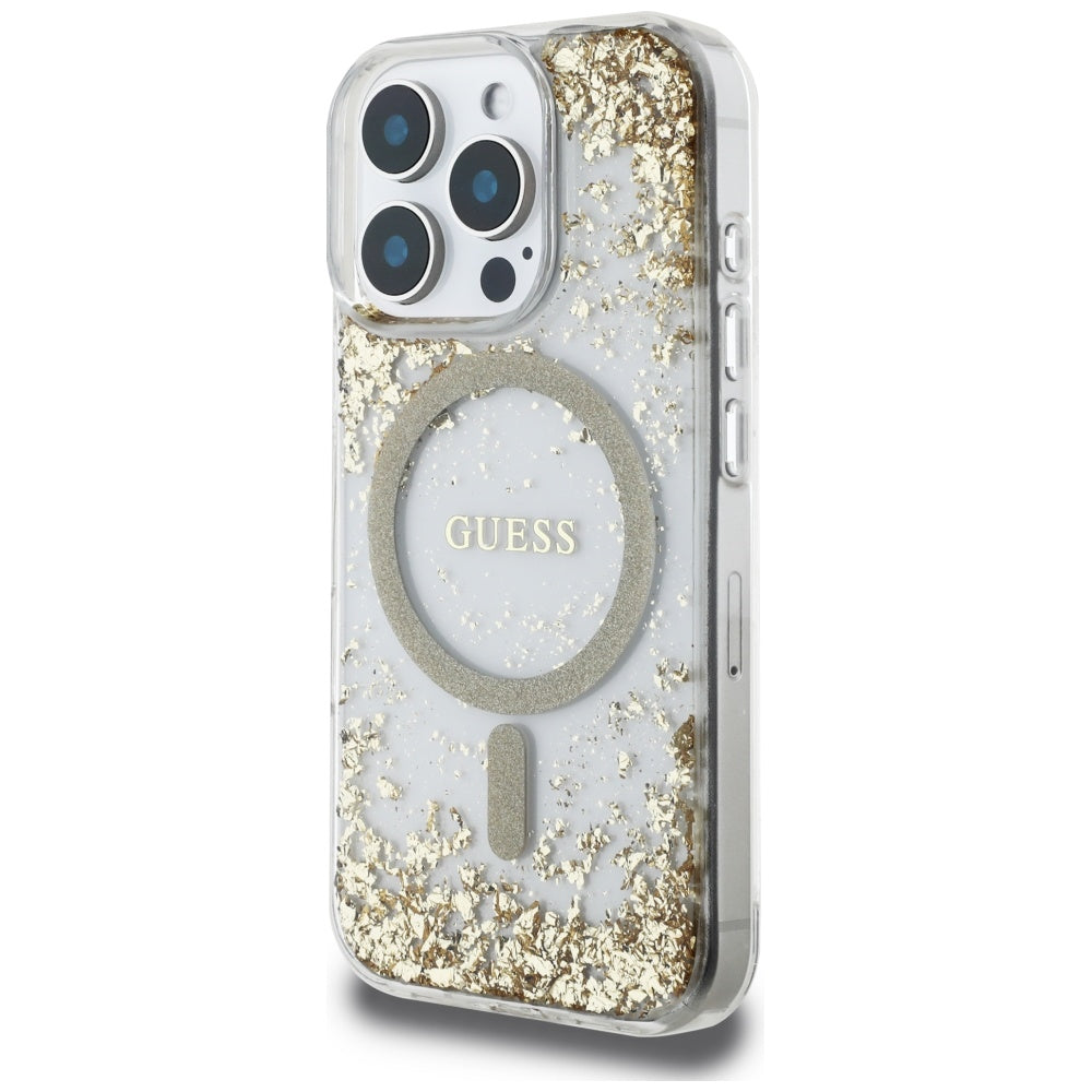 Coque MagSafe pour Apple iPhone 16 Pro, Guess, Resin Bottom Glitter, Dorée