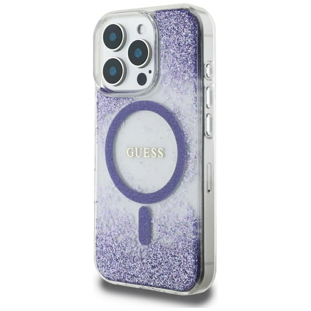 Coque MagSafe pour Apple iPhone 16 Pro, Guess, Resin Bottom Glitter, Violet