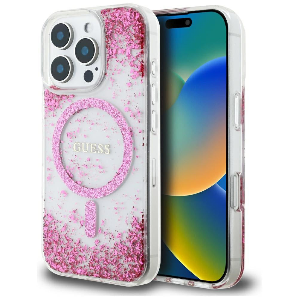 Coque MagSafe pour Apple iPhone 16 Pro, Guess, Resin Bottom Glitter, Rose