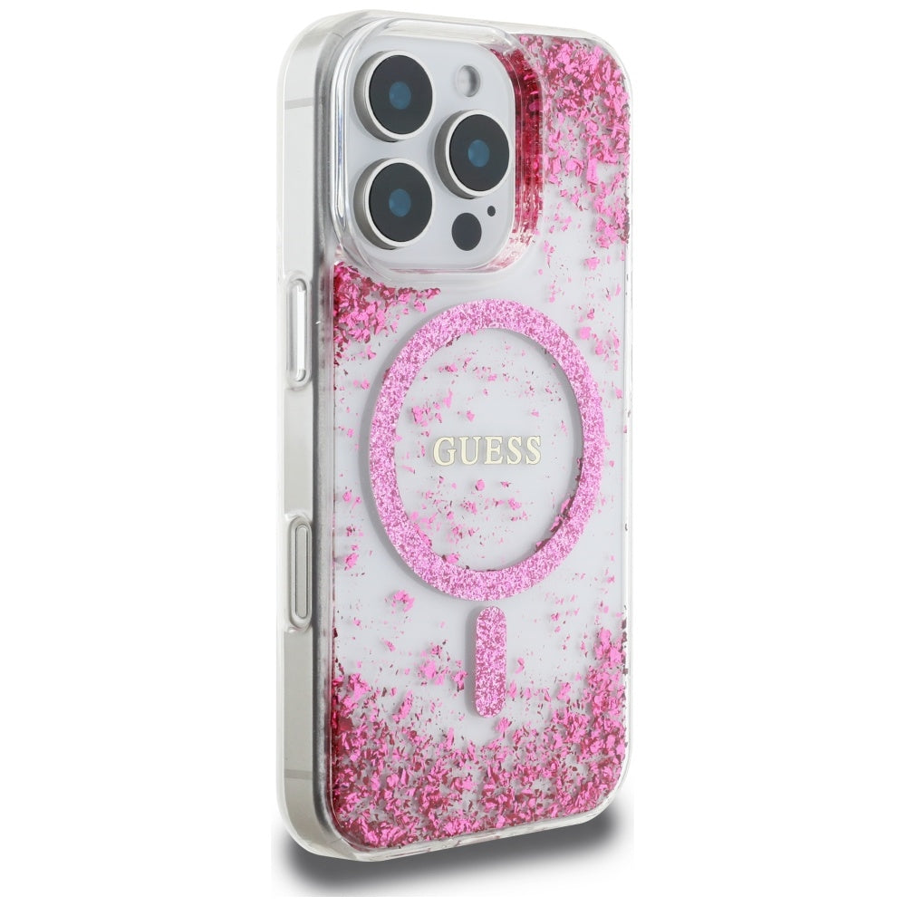 Coque MagSafe pour Apple iPhone 16 Pro, Guess, Resin Bottom Glitter, Rose