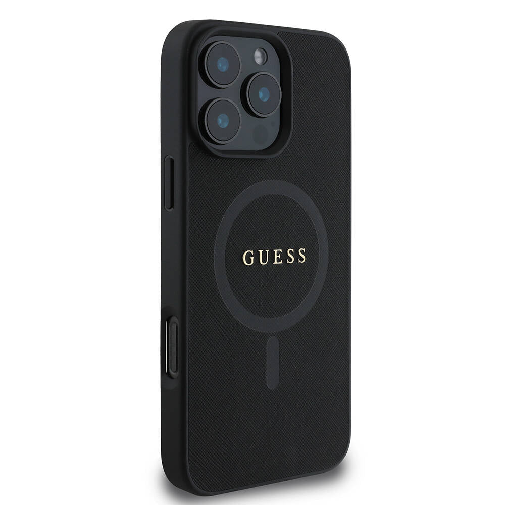 Étui MagSafe pour Apple iPhone 16 Pro, Guess, Saffiano Classic Logo, Noir
