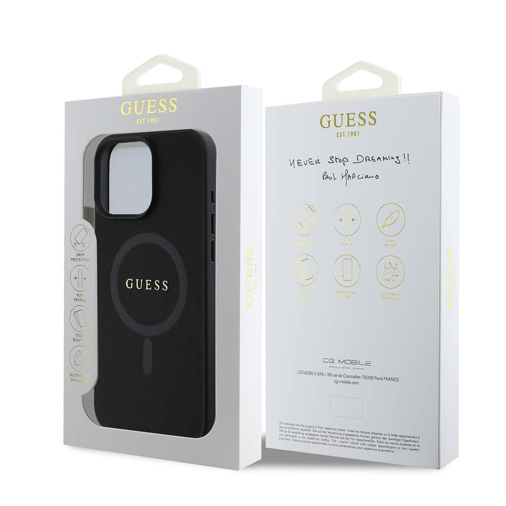Étui MagSafe pour Apple iPhone 16 Pro, Guess, Saffiano Classic Logo, Noir