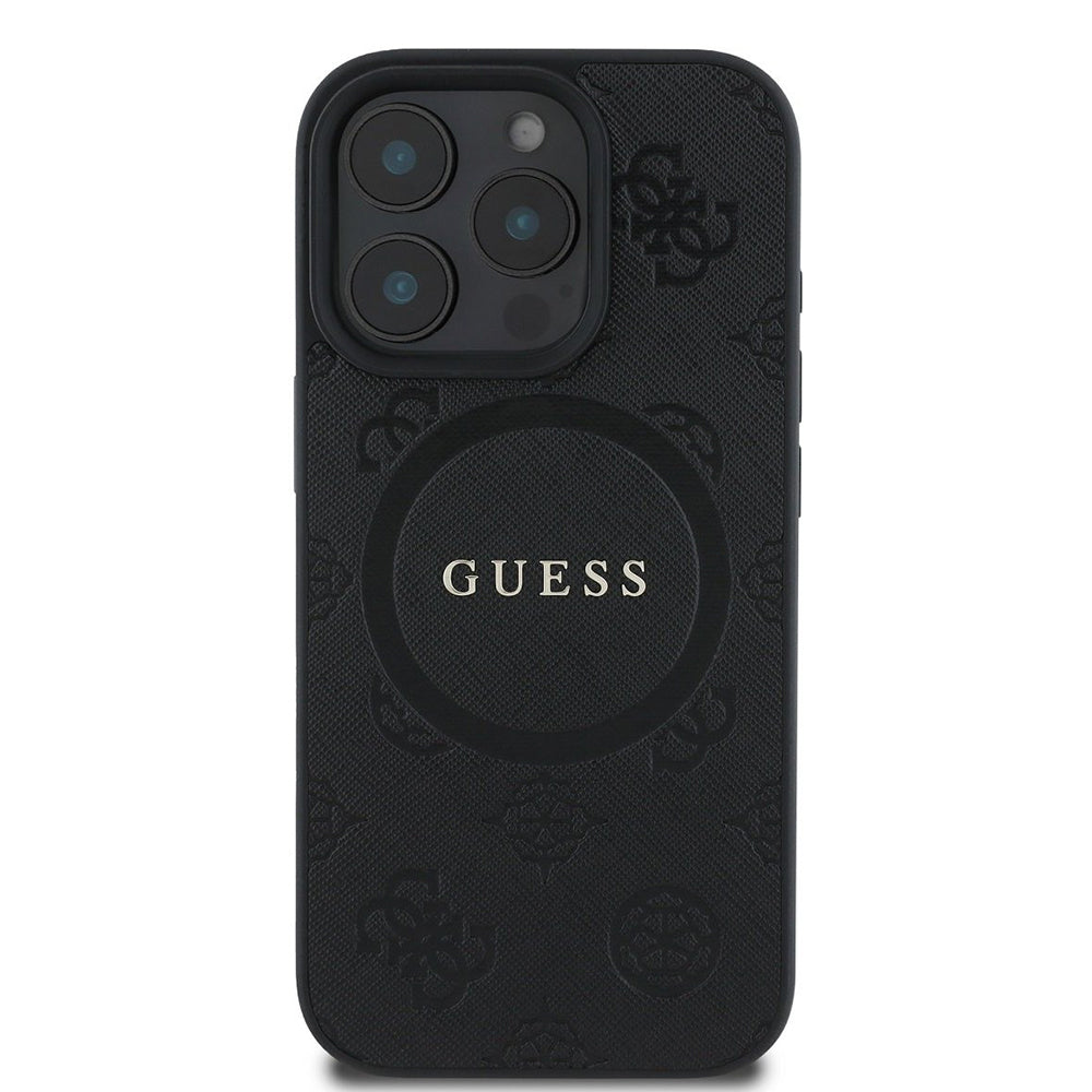 MagSafe Hülle für Apple iPhone 16 Pro, Guess, Saffiano Peony Classic Logo, Schwarz