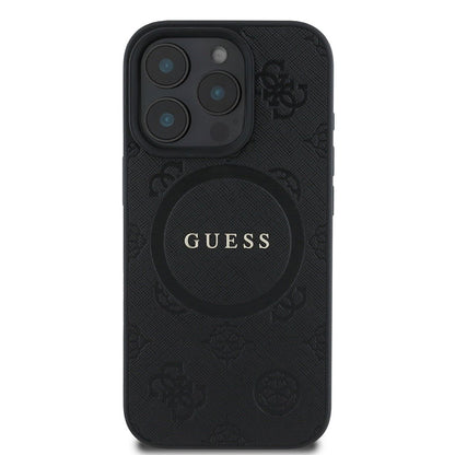 MagSafe Hülle für Apple iPhone 16 Pro, Guess, Saffiano Peony Classic Logo, Schwarz