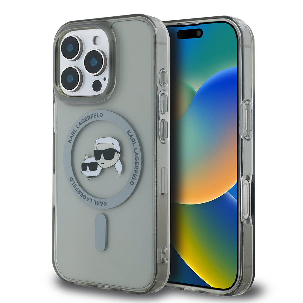 Housse MagSafe pour Apple iPhone 16 Pro, Karl Lagerfeld, IML Metal Karl & Choupette's Heads, Noire