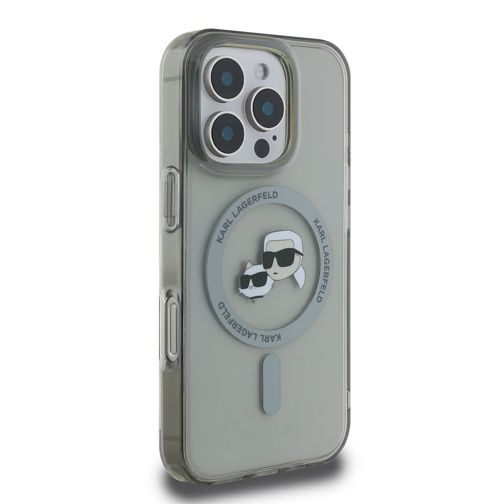 Housse MagSafe pour Apple iPhone 16 Pro, Karl Lagerfeld, IML Metal Karl & Choupette's Heads, Noire