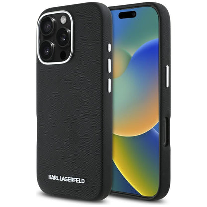 MagSafe Hülle für Apple iPhone 16 Pro, Karl Lagerfeld, Saffiano Full Wrapped Elongated Metal Logo, Schwarz
