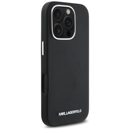 MagSafe Hülle für Apple iPhone 16 Pro, Karl Lagerfeld, Saffiano Full Wrapped Elongated Metal Logo, Schwarz