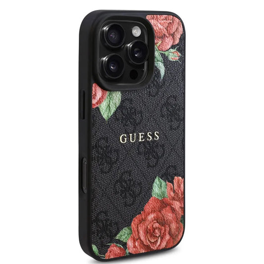 MagSafe Hülle für Apple iPhone 16 Pro Max, Guess, 4G Flowers Print, Schwarz
