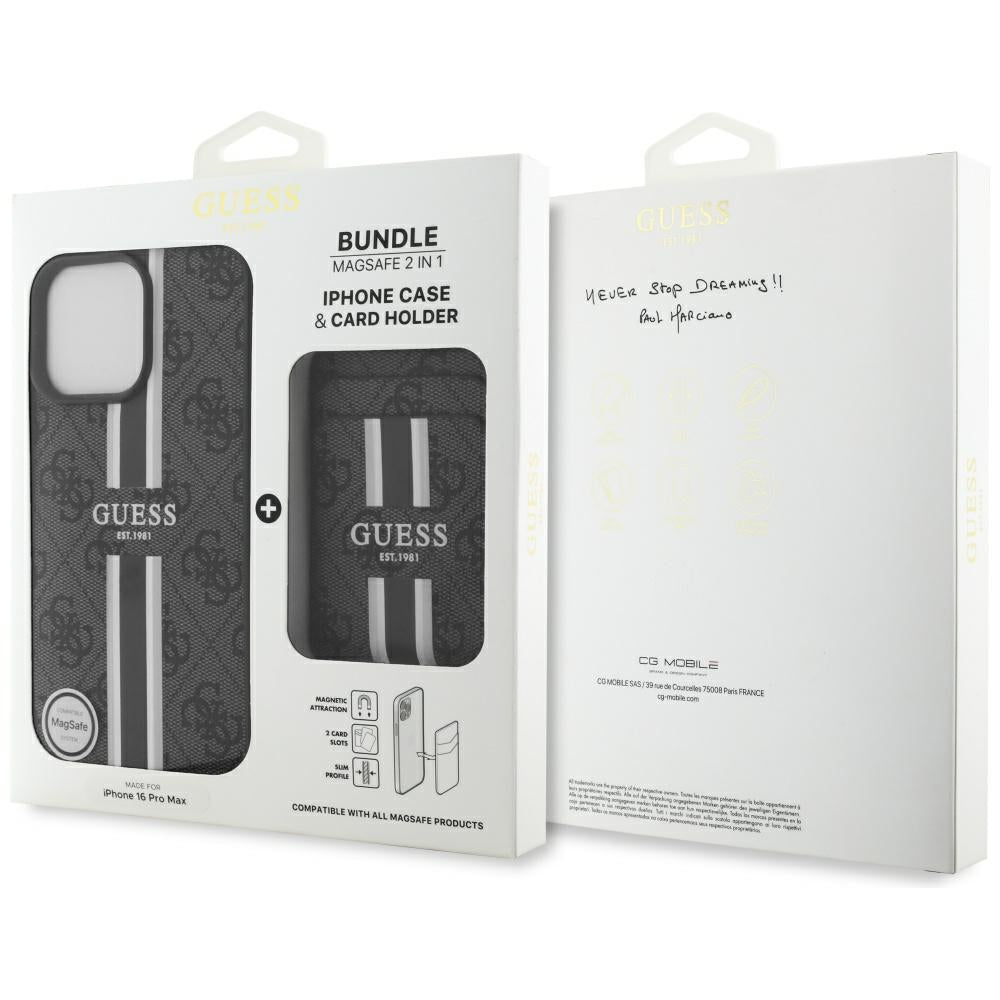MagSafe Hülle für Apple iPhone 16 Pro Max, Guess, Cardslot 4G Stripes, Schwarz
