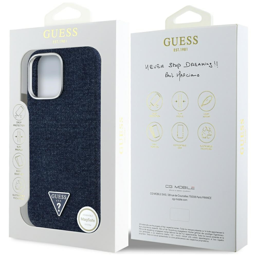 MagSafe hoesje voor Apple iPhone 16 Pro Max, Guess, Denim Triangle Logo, Blauw