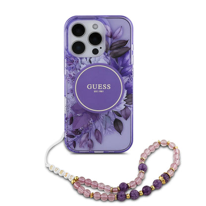 MagSafe Case for Apple iPhone 16 Pro Max, Guess, IML Flowers with Pearl Strap, Purple