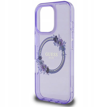 MagSafe Case for Apple iPhone 16 Pro Max, Guess, IML Flowers Wreath, Purple