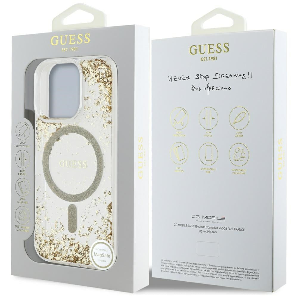 Coque MagSafe pour Apple iPhone 16 Pro Max, Guess, Resin Bottom Glitter, Dorée