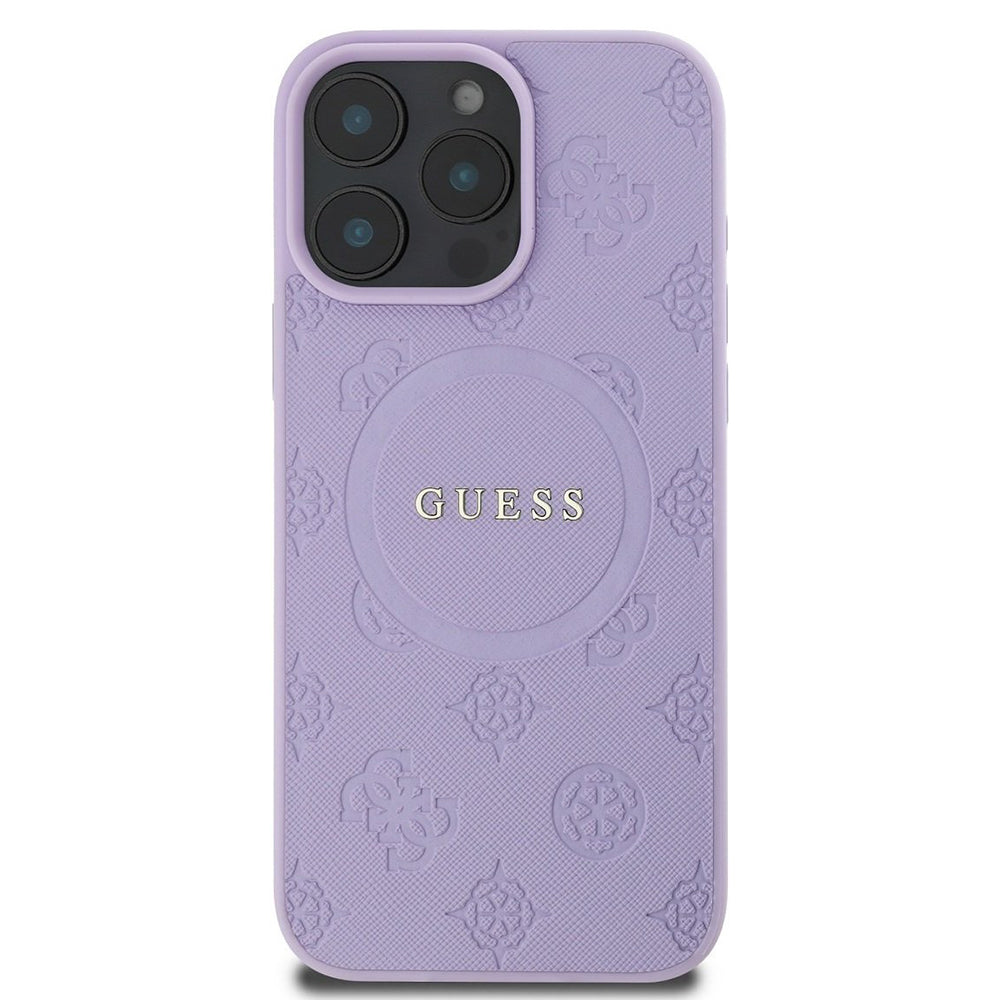 Étui MagSafe pour Apple iPhone 16 Pro Max, Guess, Saffiano Peony Classic Logo, Violet