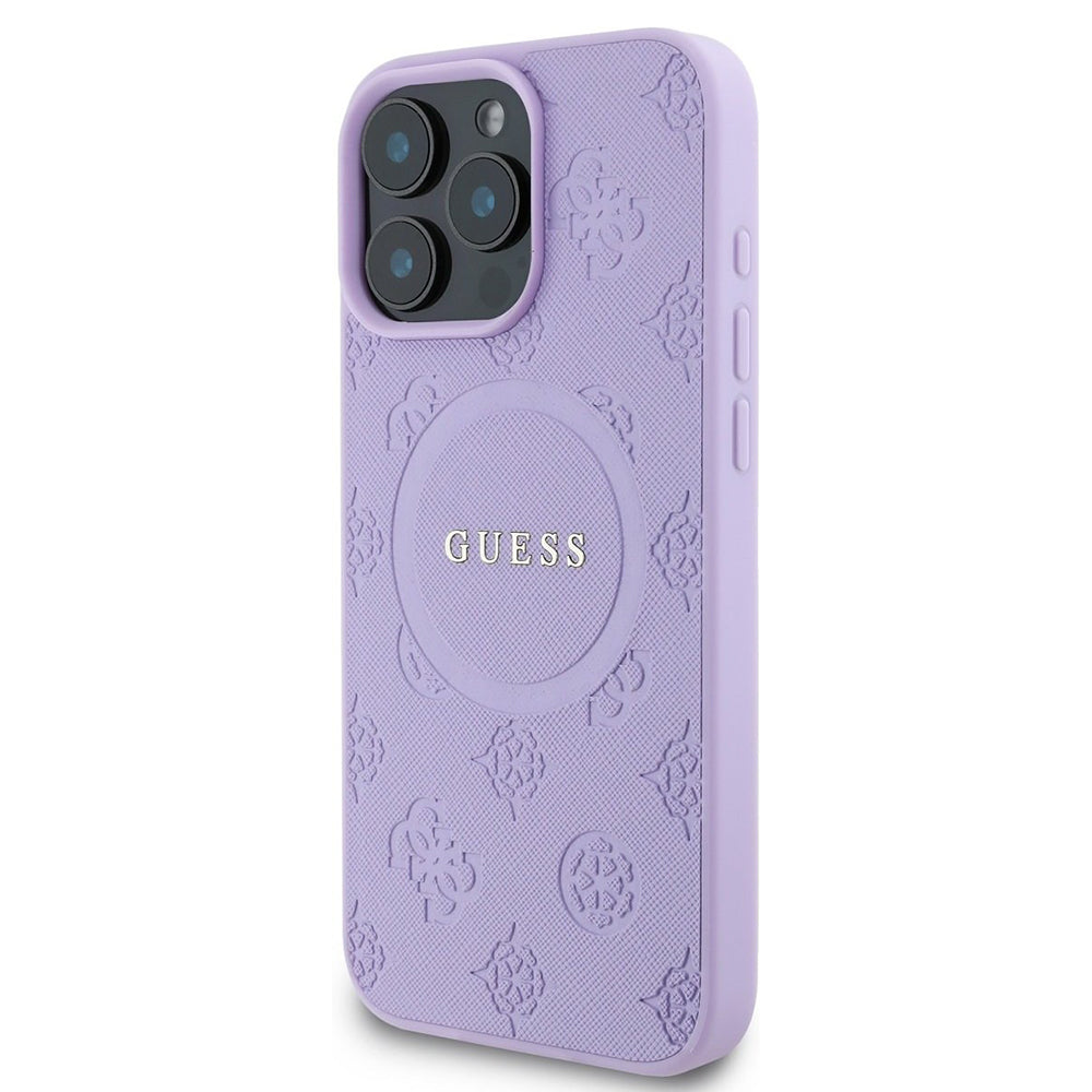 Étui MagSafe pour Apple iPhone 16 Pro Max, Guess, Saffiano Peony Classic Logo, Violet