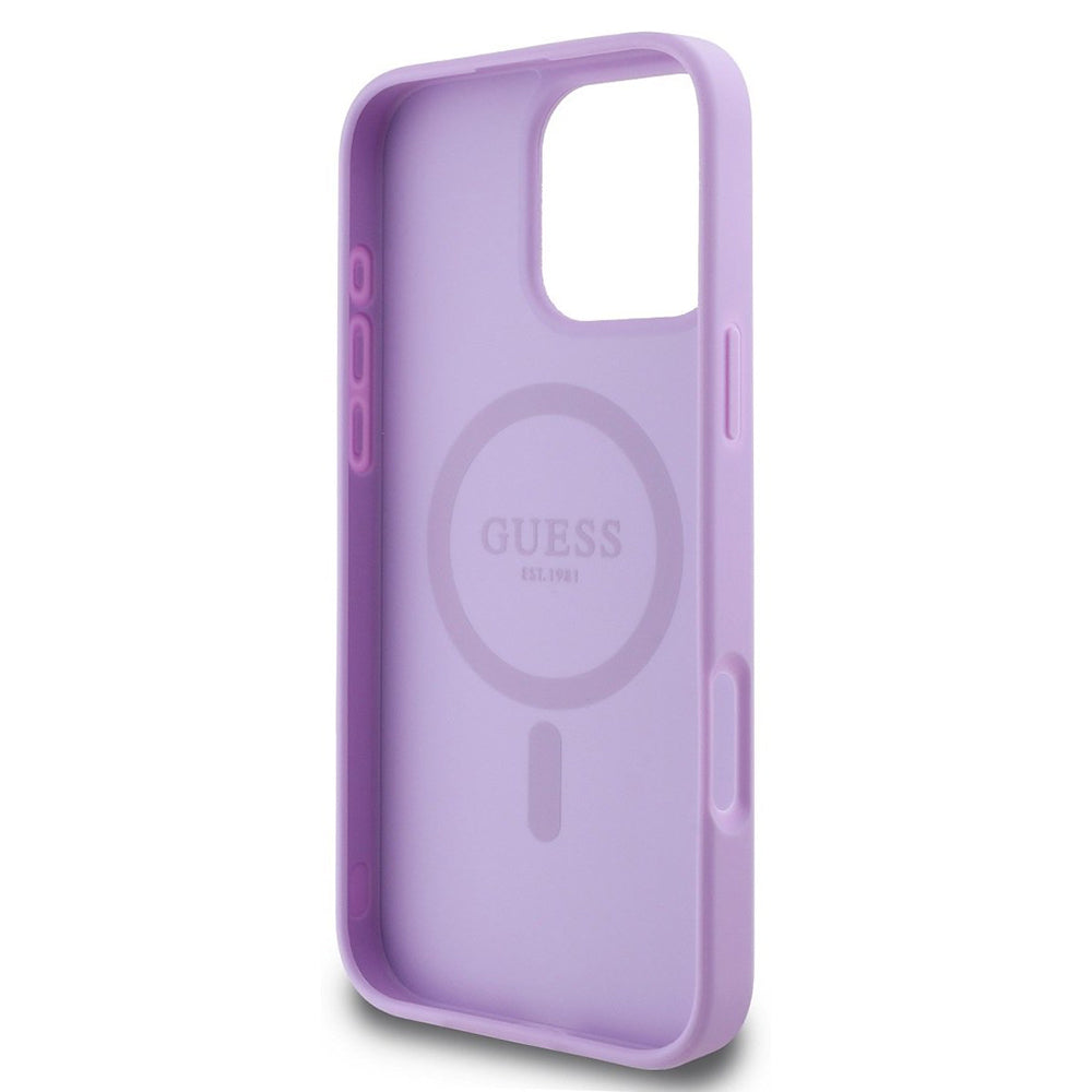Étui MagSafe pour Apple iPhone 16 Pro Max, Guess, Saffiano Peony Classic Logo, Violet