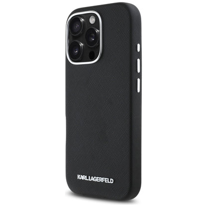 MagSafe Hülle für Apple iPhone 16 Pro Max, Karl Lagerfeld, Saffiano Full Wrapped Elongated Metal Logo, Schwarz