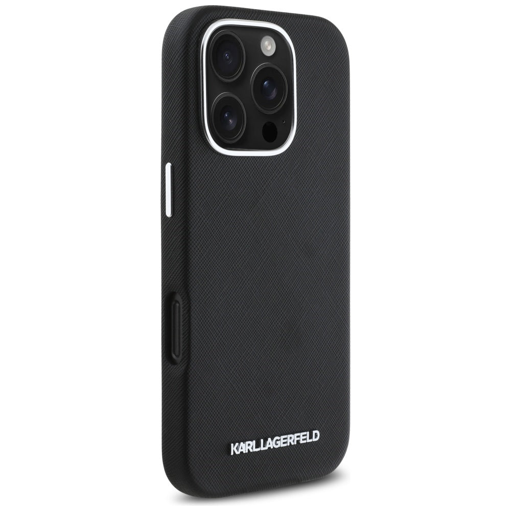 MagSafe Hülle für Apple iPhone 16 Pro Max, Karl Lagerfeld, Saffiano Full Wrapped Elongated Metal Logo, Schwarz