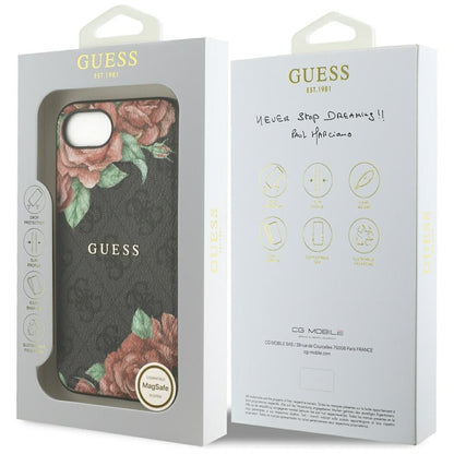 Coque MagSafe pour Apple iPhone 16e, Guess, Imprimé Fleurs 4G, Noire