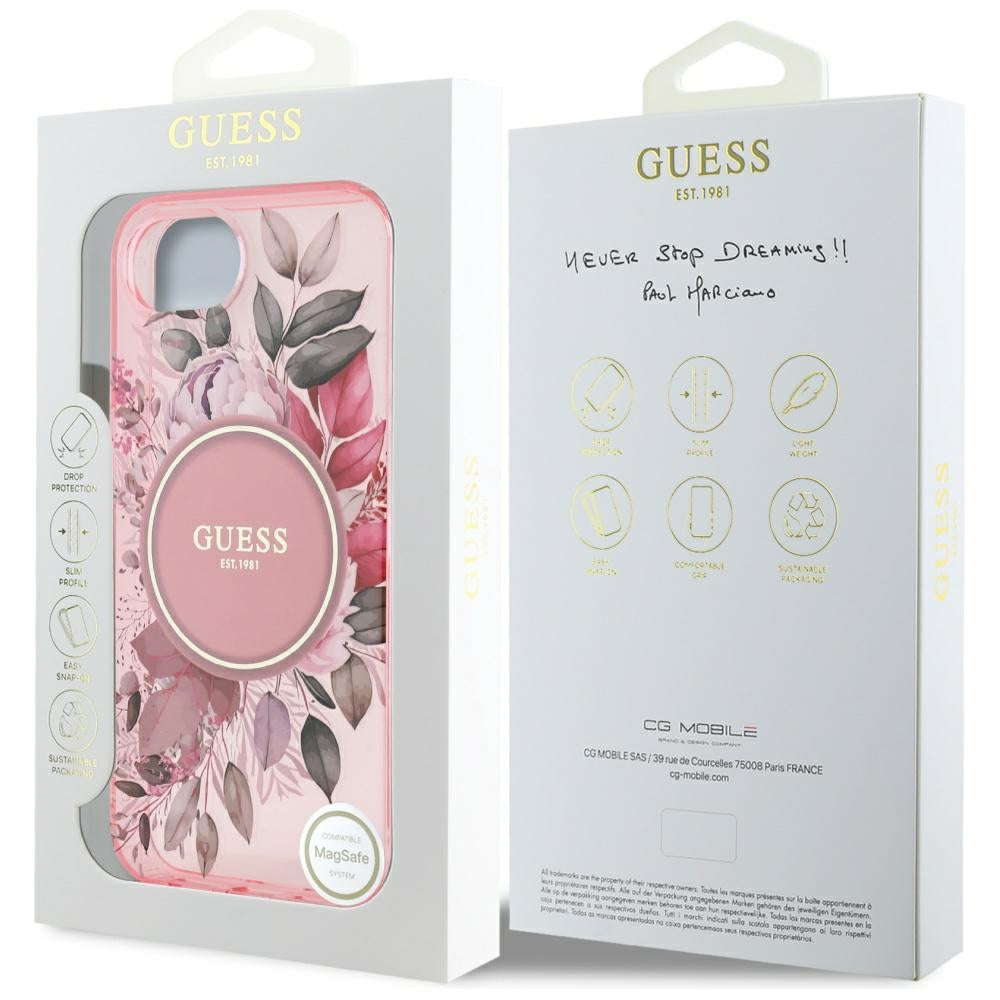 Étui MagSafe pour Apple iPhone 16e, Guess, IML Flowers, Rose