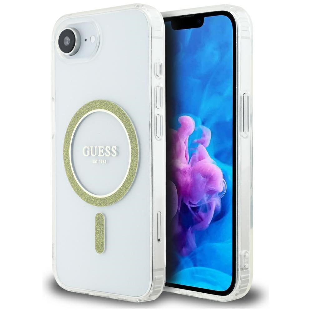 MagSafe Hülle für Apple iPhone 16e, Guess, IML Glitter Circle, Transparent