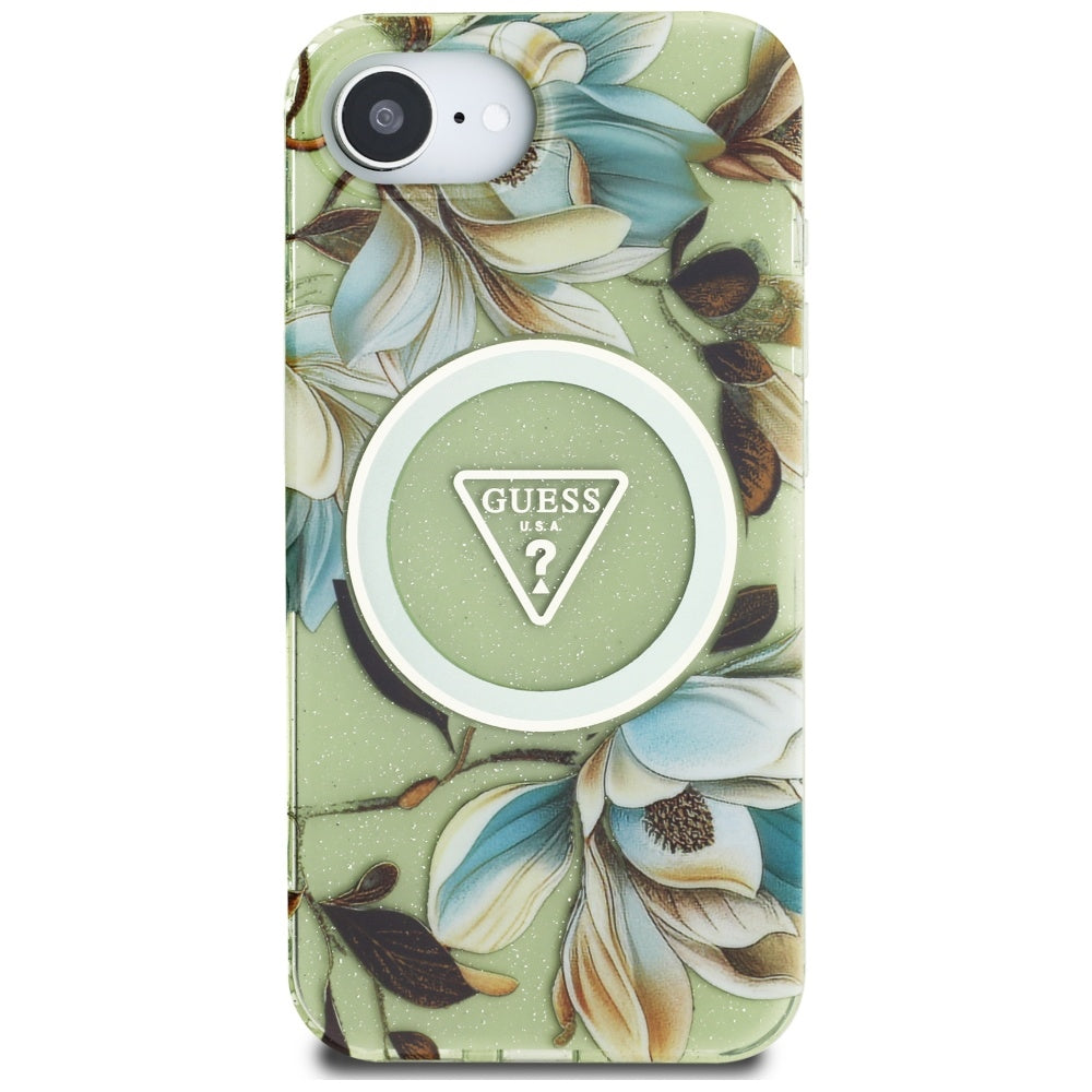 MagSafe hoesje voor Apple iPhone 16e, Guess, IML Metal Glitter Flowers Triangle, Groen