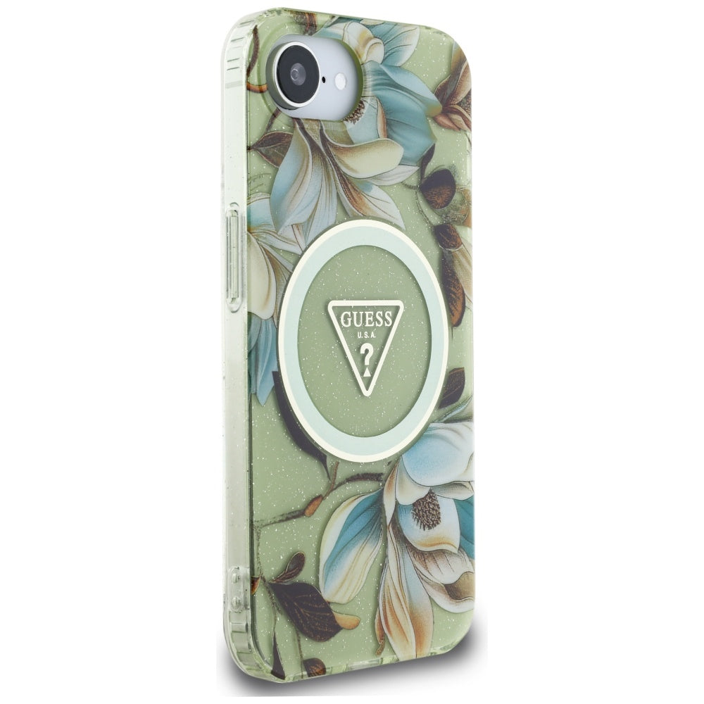 MagSafe hoesje voor Apple iPhone 16e, Guess, IML Metal Glitter Flowers Triangle, Groen