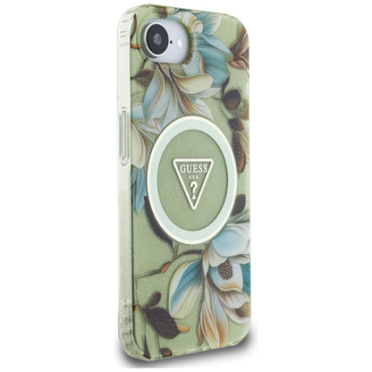 MagSafe hoesje voor Apple iPhone 16e, Guess, IML Metal Glitter Flowers Triangle, Groen