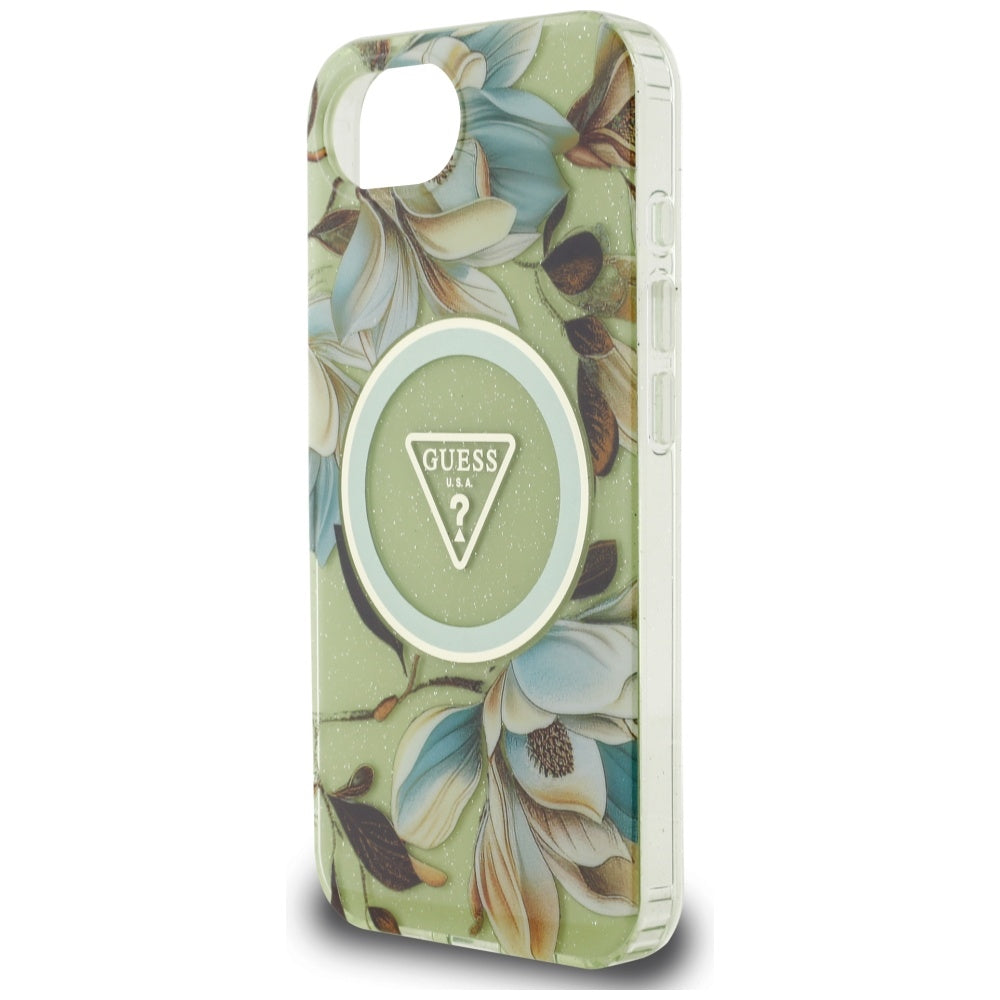 MagSafe hoesje voor Apple iPhone 16e, Guess, IML Metal Glitter Flowers Triangle, Groen