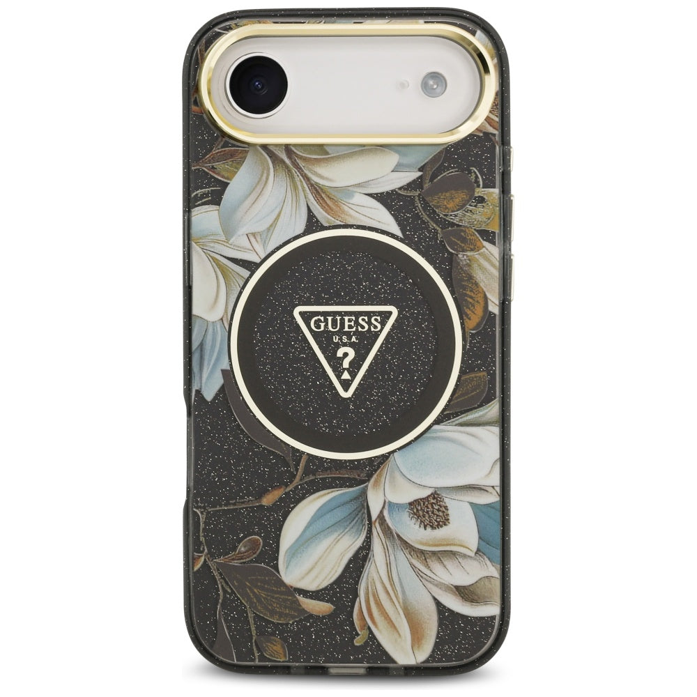 MagSafe hoesje voor Apple iPhone 17 Air, Guess, IML Metal Glitter Flowers Triangle, Zwart