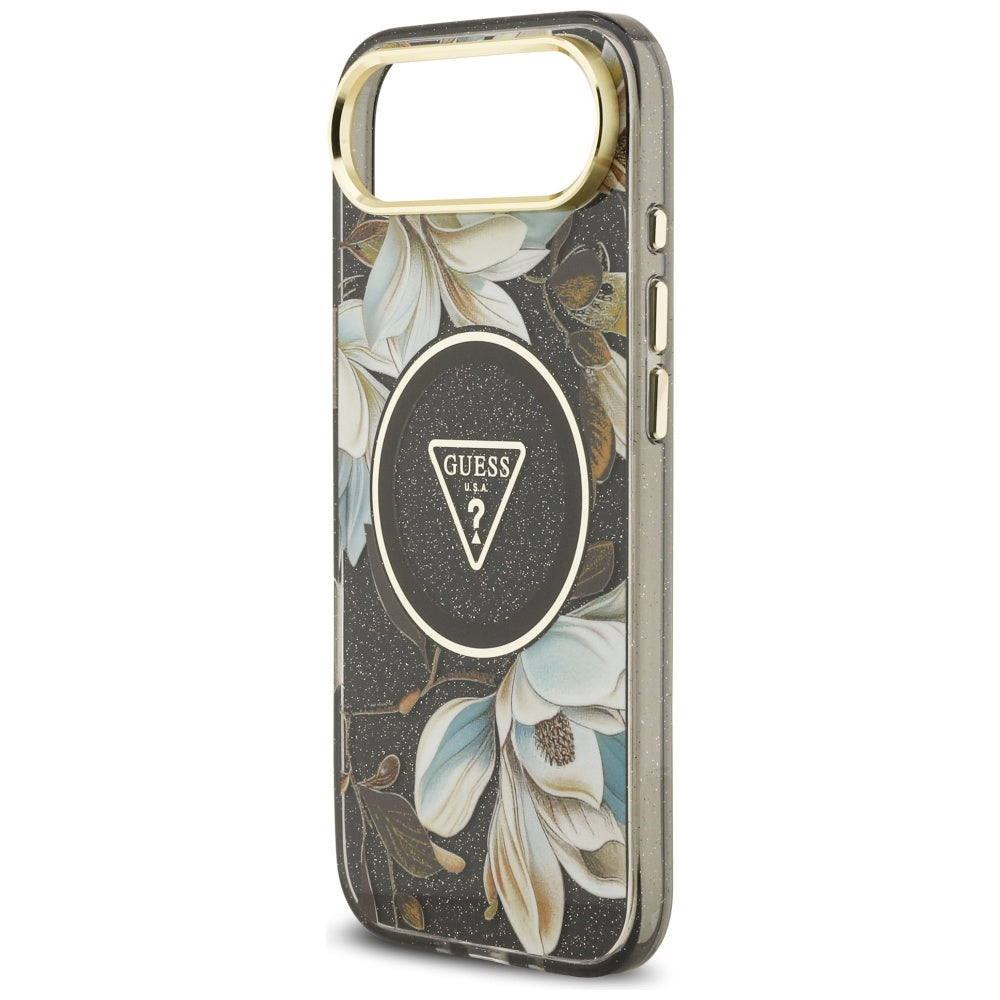 MagSafe hoesje voor Apple iPhone 17 Air, Guess, IML Metal Glitter Flowers Triangle, Zwart