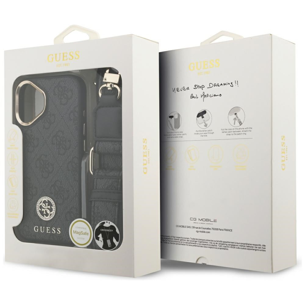 MagSafe Hülle für Apple iPhone 17, Guess, 4G Strass Logo mit großem Band, Schwarz