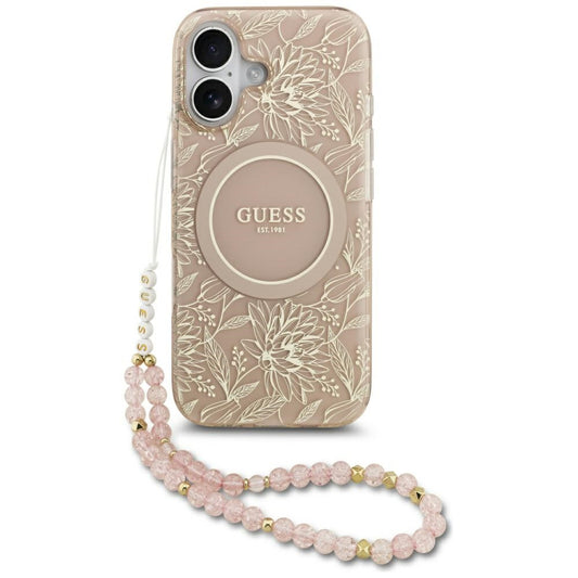 Coque MagSafe pour Apple iPhone 17, Guess, IML Flowers Allover Electroplated with Pearl Strap, Noire