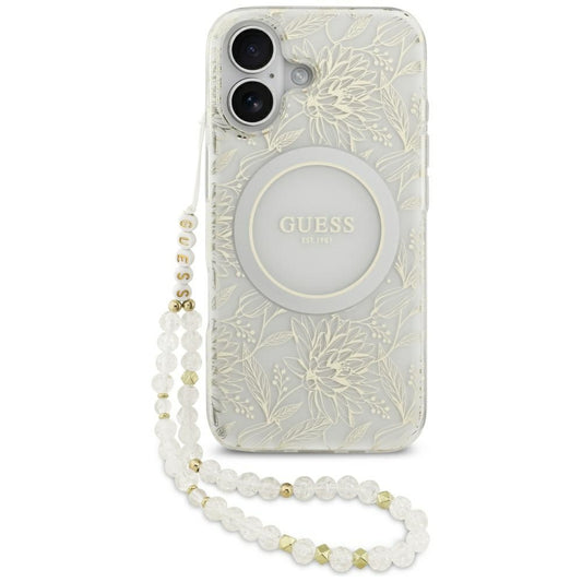 Coque MagSafe pour Apple iPhone 17, Guess, IML Flowers with Pearl Strap, Blanche