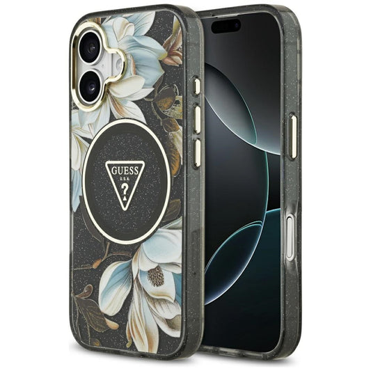 MagSafe hoesje voor Apple iPhone 17, Guess, IML Metal Glitter Flowers Triangle, Zwart
