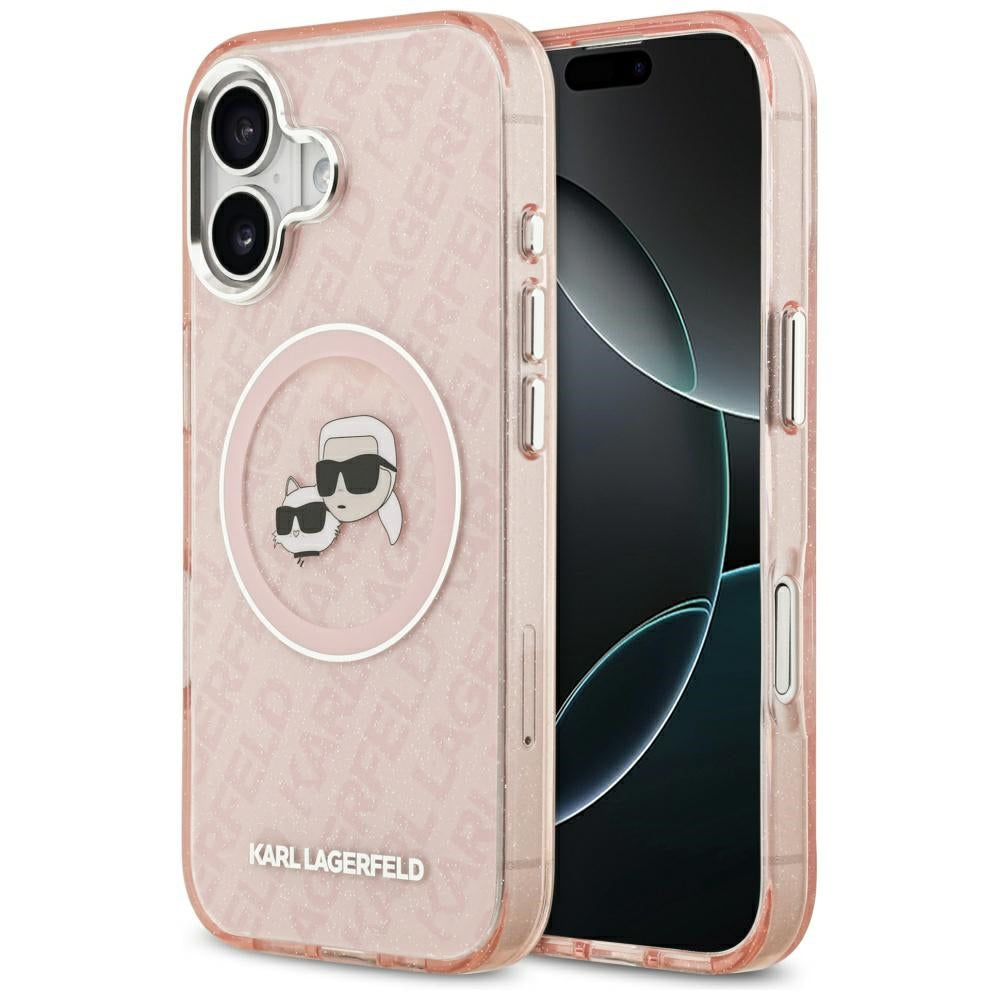 Étui MagSafe pour Apple iPhone 17, Karl Lagerfeld, IML Glitter Karl & Choupette's Heads, Rose