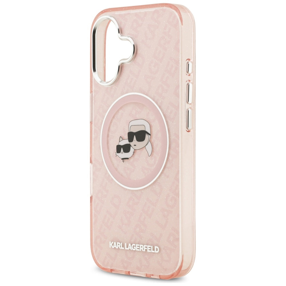 Étui MagSafe pour Apple iPhone 17, Karl Lagerfeld, IML Glitter Karl & Choupette's Heads, Rose