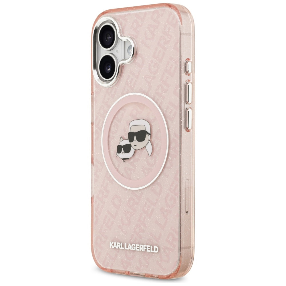 Étui MagSafe pour Apple iPhone 17, Karl Lagerfeld, IML Glitter Karl & Choupette's Heads, Rose