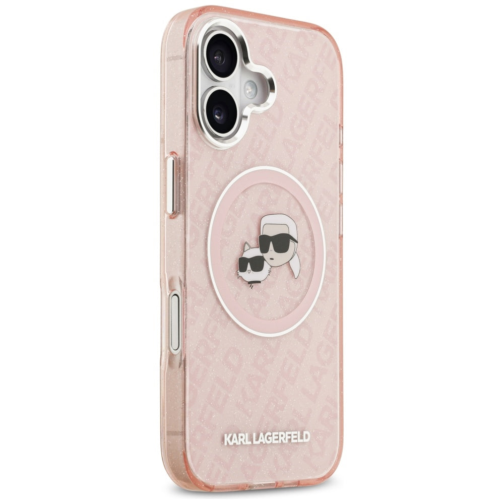 Étui MagSafe pour Apple iPhone 17, Karl Lagerfeld, IML Glitter Karl & Choupette's Heads, Rose