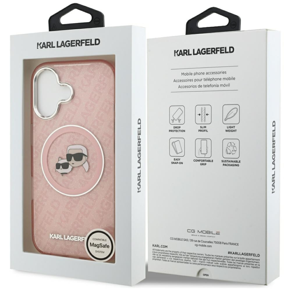 Étui MagSafe pour Apple iPhone 17, Karl Lagerfeld, IML Glitter Karl & Choupette's Heads, Rose
