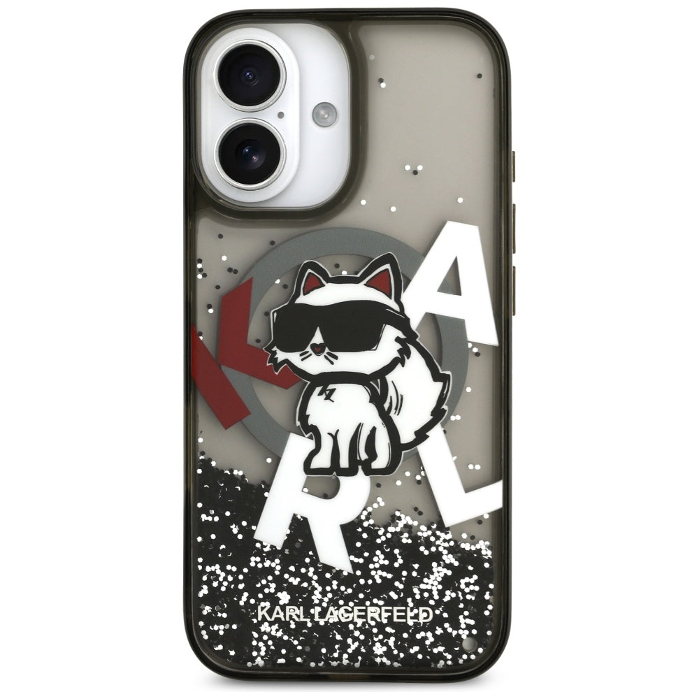 Coque MagSafe pour Apple iPhone 17, Karl Lagerfeld, Liquid Glitter Logo Choupette, Noire