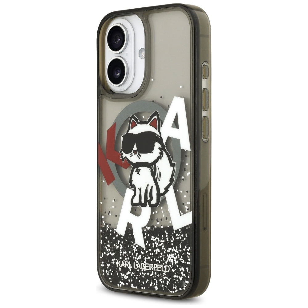 Coque MagSafe pour Apple iPhone 17, Karl Lagerfeld, Liquid Glitter Logo Choupette, Noire