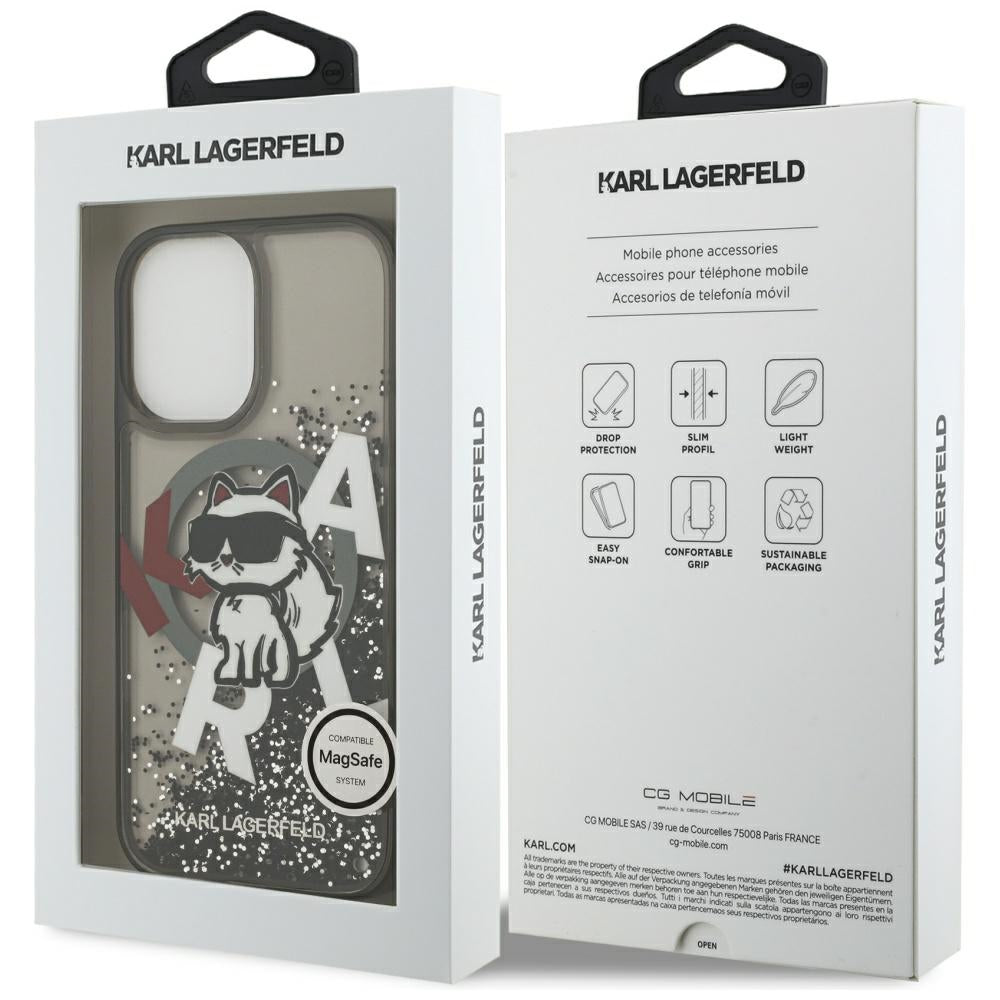 Coque MagSafe pour Apple iPhone 17, Karl Lagerfeld, Liquid Glitter Logo Choupette, Noire