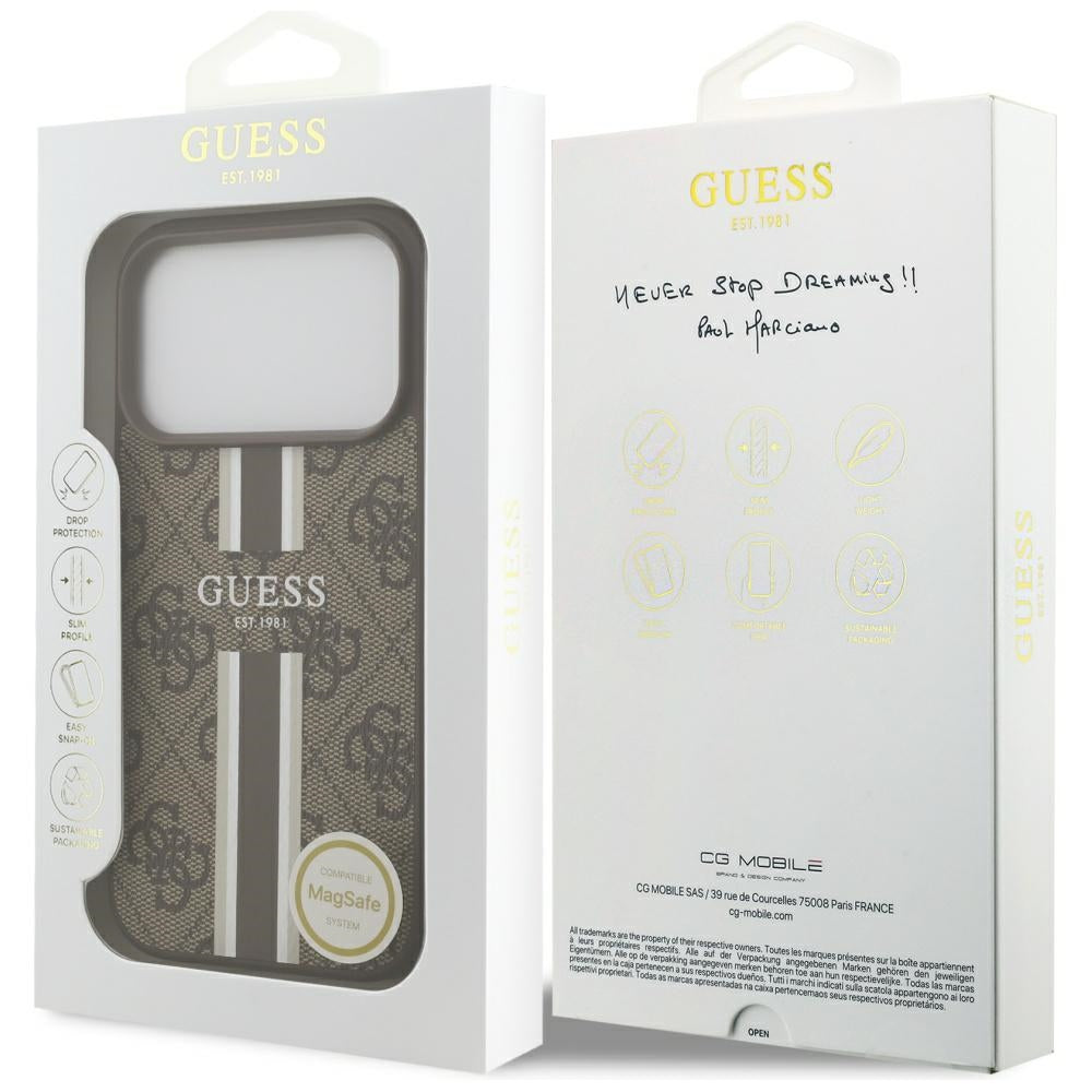 Étui MagSafe pour Apple iPhone 17 Pro, Guess, 4G Printed Stripes, Marron