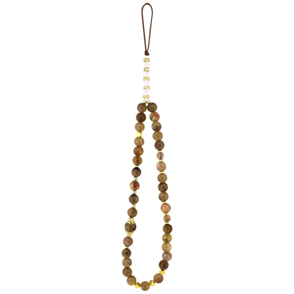 Étui MagSafe pour Apple iPhone 17 Pro, Guess, logo Triangle 4G avec lanière de perles, Marron